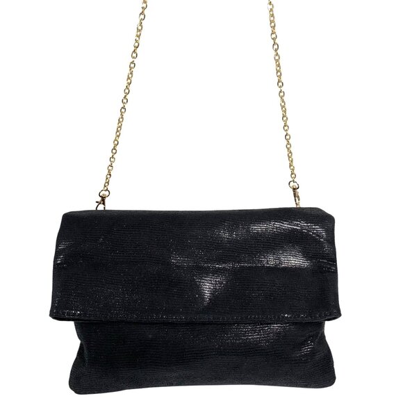 MODA LUXE Shimmery Black Flap Clutch Gold Tone Chain Strap Shoulder Bag - Picture 2 of 9